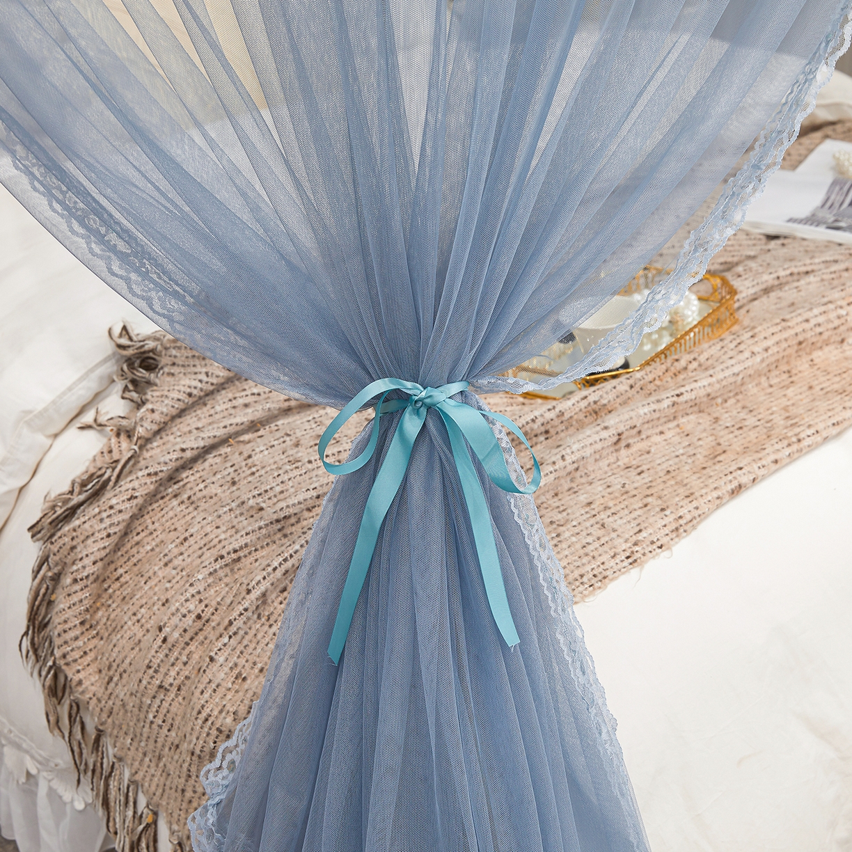 91家纺网 家纺一手货源 找家纺 梦尔佳蚊帐 2026新款浪漫双层花边蝴蝶结导轨蚊帐-花香其乐 花香其乐-蓝灰