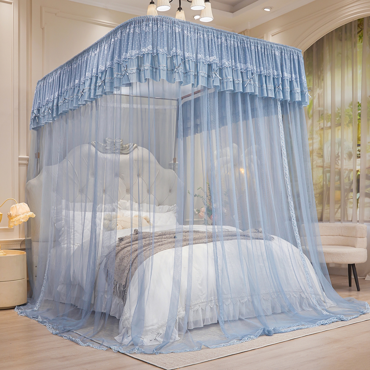 91家纺网 家纺一手货源 找家纺 梦尔佳蚊帐 2026新款浪漫双层花边蝴蝶结导轨蚊帐-花香其乐 花香其乐-蓝灰