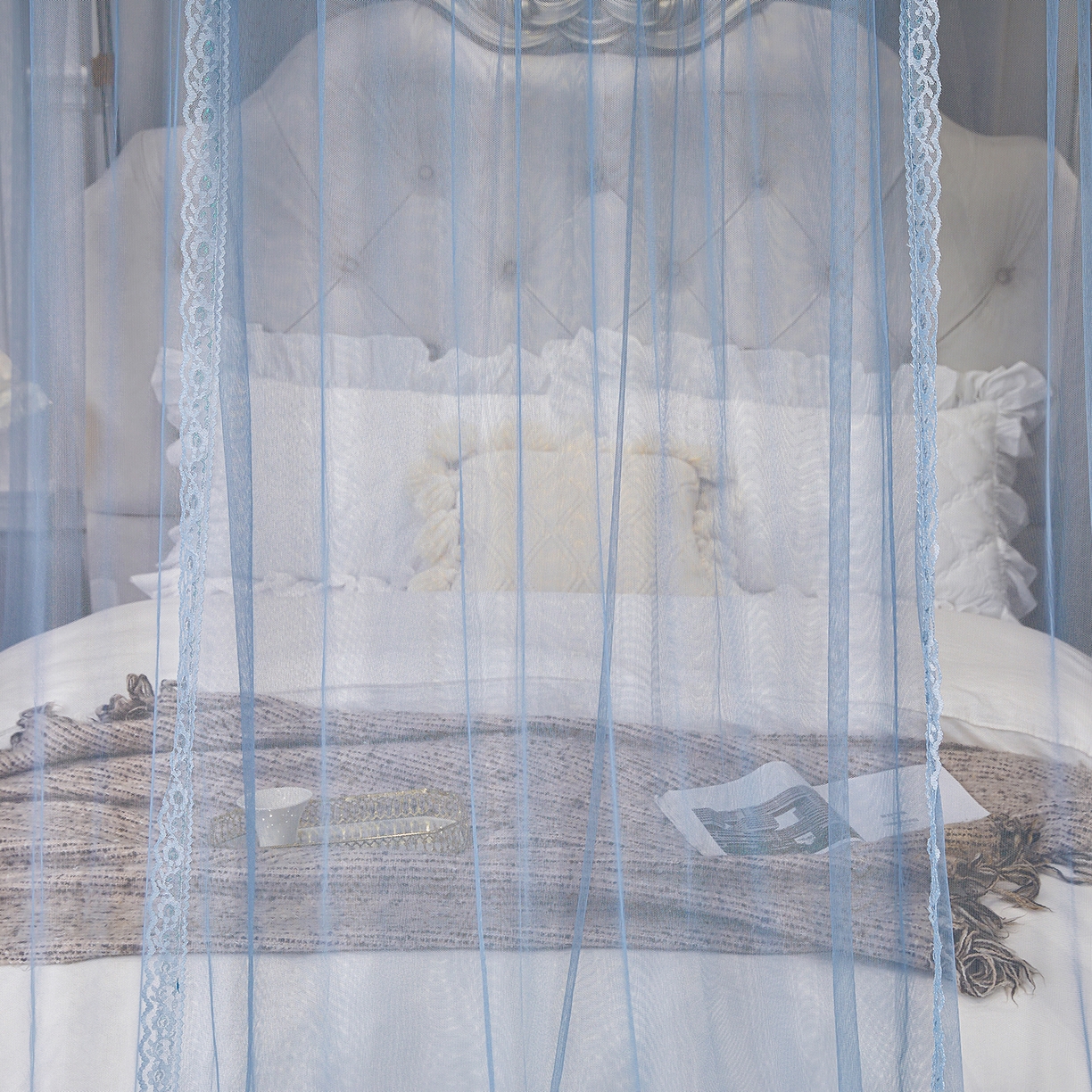 91家纺网 家纺一手货源 找家纺 梦尔佳蚊帐 2026新款浪漫双层花边蝴蝶结导轨蚊帐-花香其乐 花香其乐-蓝灰