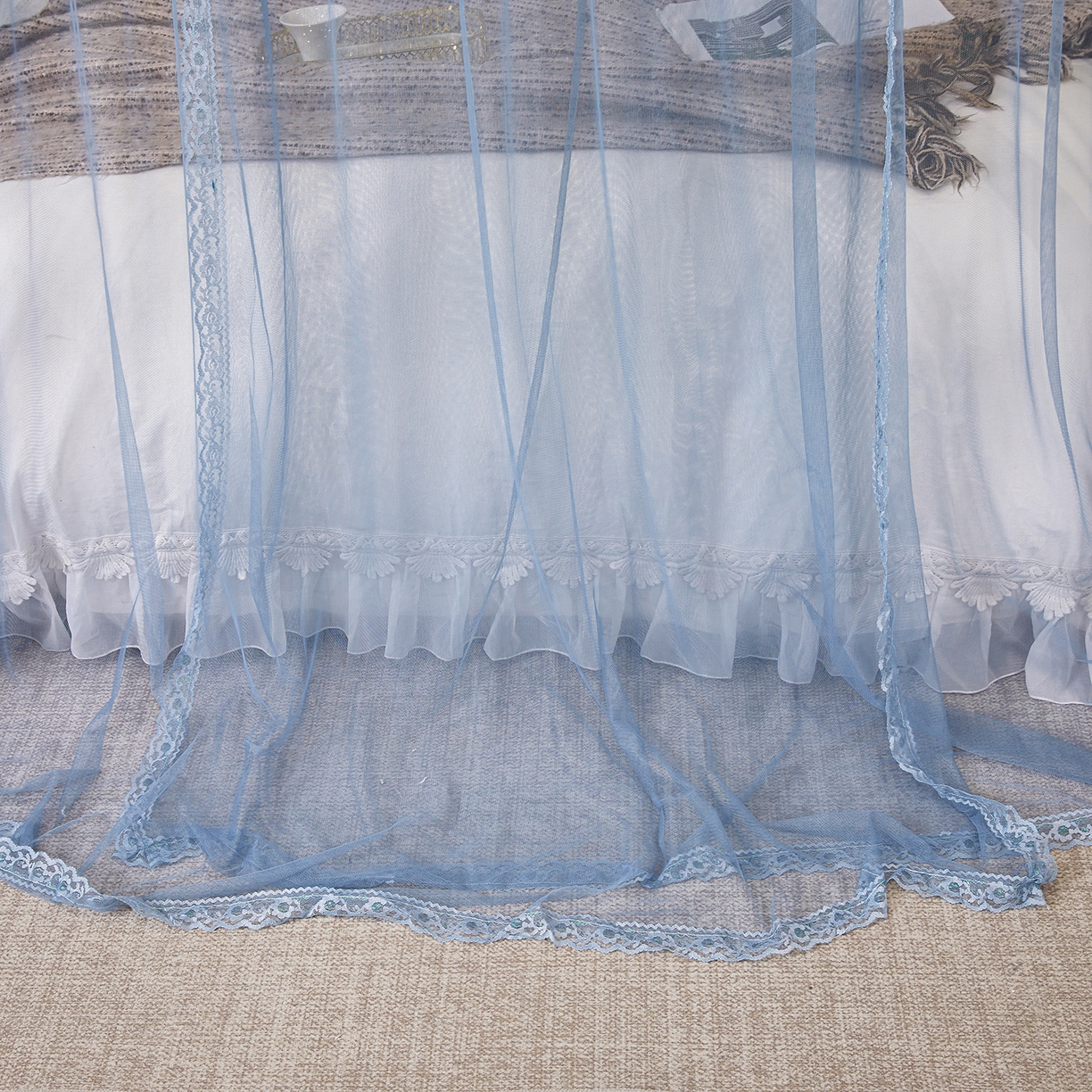 91家纺网 家纺一手货源 找家纺 梦尔佳蚊帐 2026新款浪漫双层花边蝴蝶结导轨蚊帐-花香其乐 花香其乐-蓝灰