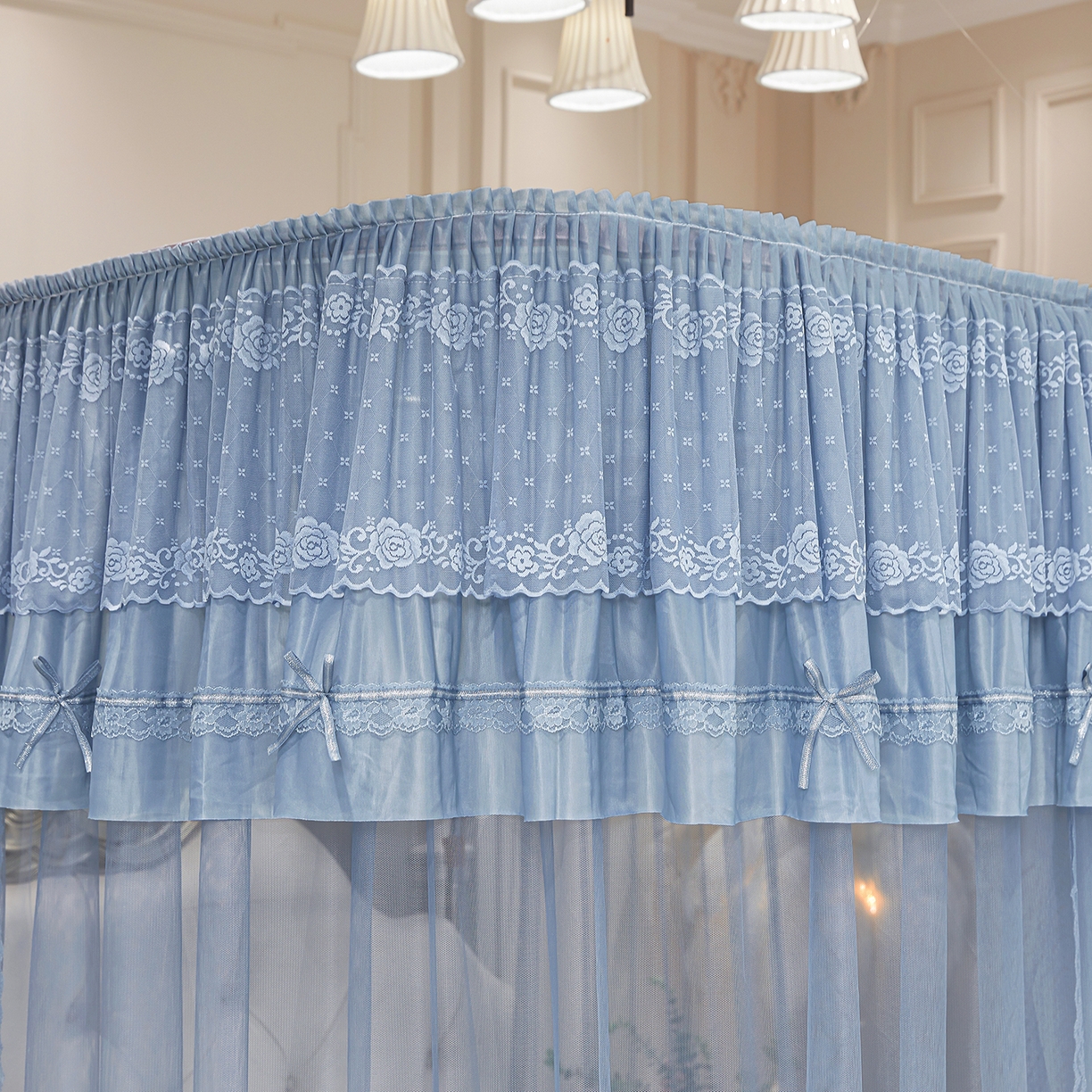 91家纺网 家纺一手货源 找家纺 梦尔佳蚊帐 2026新款浪漫双层花边蝴蝶结导轨蚊帐-花香其乐 花香其乐-蓝灰