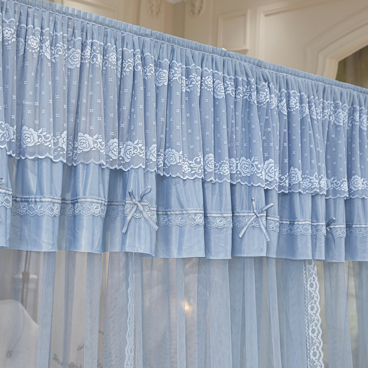 91家纺网 家纺一手货源 找家纺 梦尔佳蚊帐 2026新款浪漫双层花边蝴蝶结导轨蚊帐-花香其乐 花香其乐-蓝灰