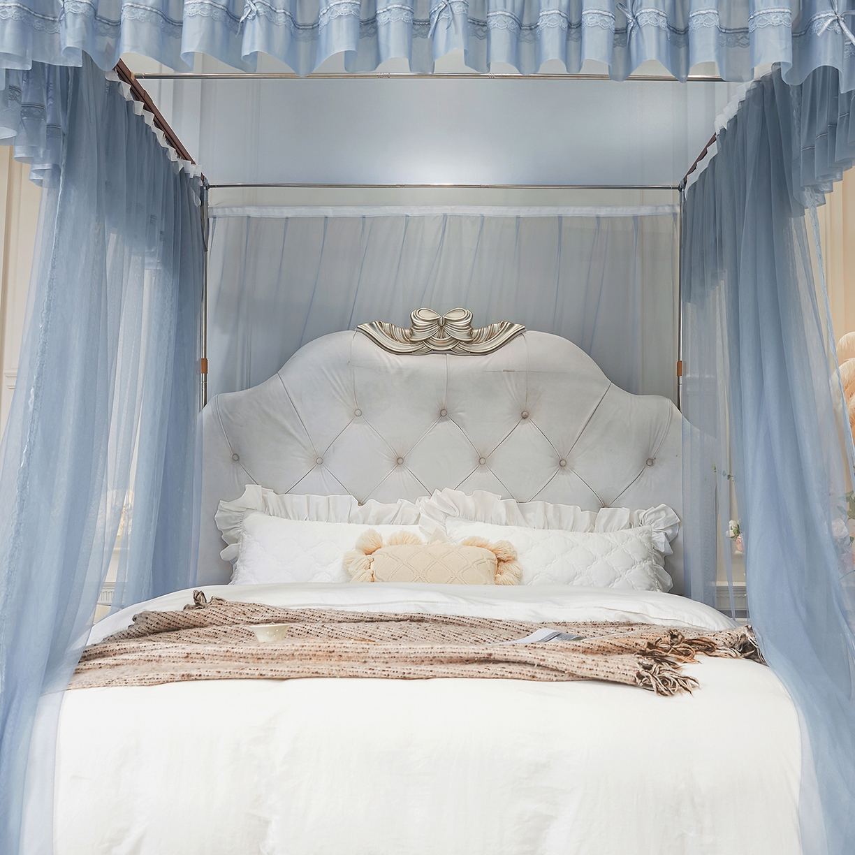 91家纺网 家纺一手货源 找家纺 梦尔佳蚊帐 2026新款浪漫双层花边蝴蝶结导轨蚊帐-花香其乐 花香其乐-蓝灰