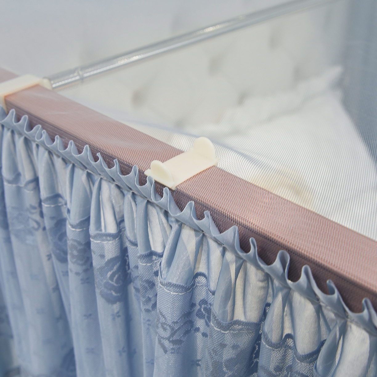 91家纺网 家纺一手货源 找家纺 梦尔佳蚊帐 2026新款浪漫双层花边蝴蝶结导轨蚊帐-花香其乐 花香其乐-蓝灰