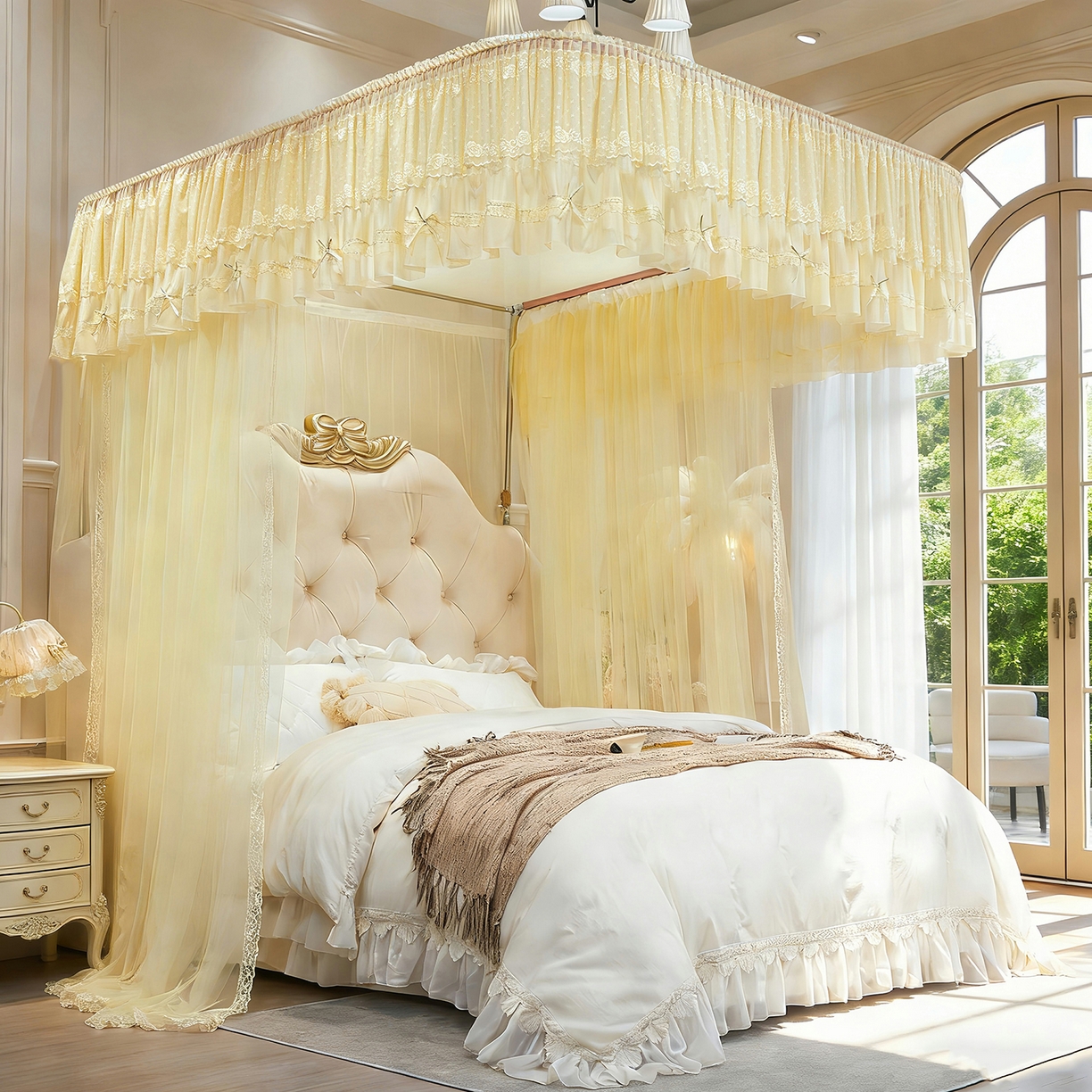 梦尔佳蚊帐 2026新款浪漫双层花边蝴蝶结导轨蚊帐-花香其乐 花香其乐-奶黄