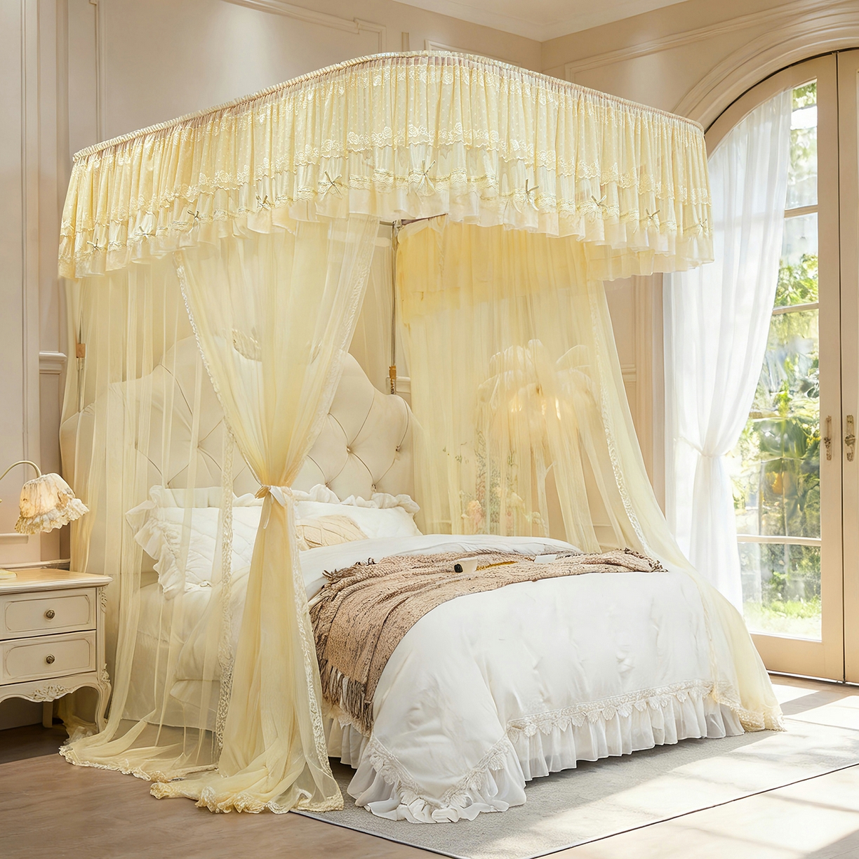 91家纺网 家纺一手货源 找家纺 梦尔佳蚊帐 2026新款浪漫双层花边蝴蝶结导轨蚊帐-花香其乐 花香其乐-奶黄