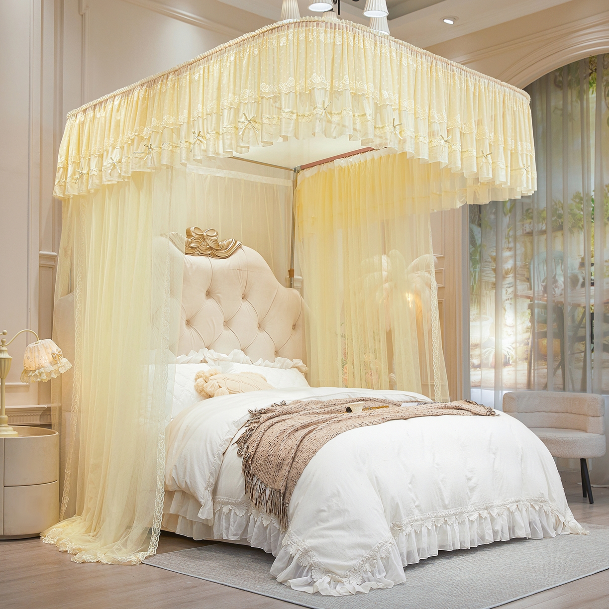 91家纺网 家纺一手货源 找家纺 梦尔佳蚊帐 2026新款浪漫双层花边蝴蝶结导轨蚊帐-花香其乐 花香其乐-奶黄