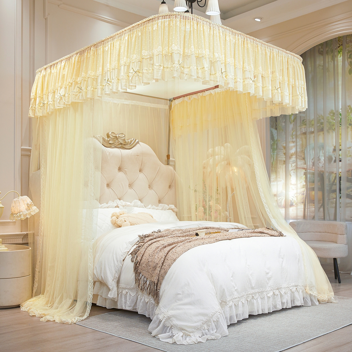 91家纺网 家纺一手货源 找家纺 梦尔佳蚊帐 2026新款浪漫双层花边蝴蝶结导轨蚊帐-花香其乐 花香其乐-奶黄