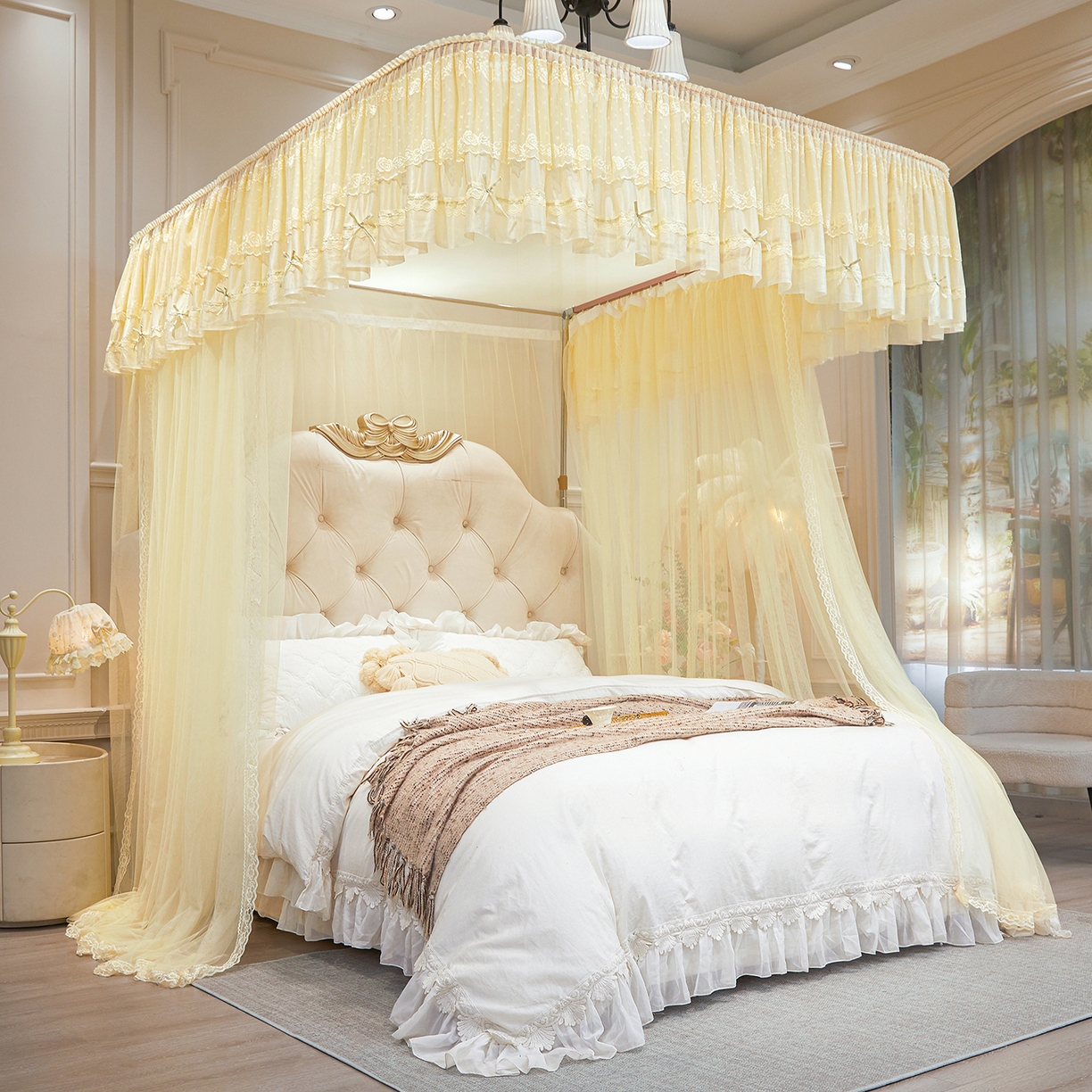 91家纺网 家纺一手货源 找家纺 梦尔佳蚊帐 2026新款浪漫双层花边蝴蝶结导轨蚊帐-花香其乐 花香其乐-奶黄