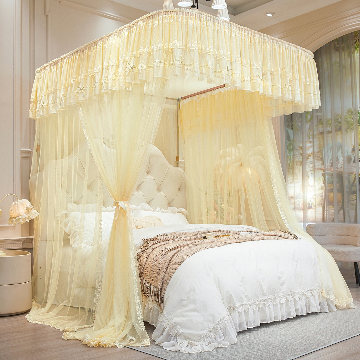 91家纺网 家纺一手货源 找家纺 梦尔佳蚊帐 2026新款浪漫双层花边蝴蝶结导轨蚊帐-花香其乐 花香其乐-奶黄