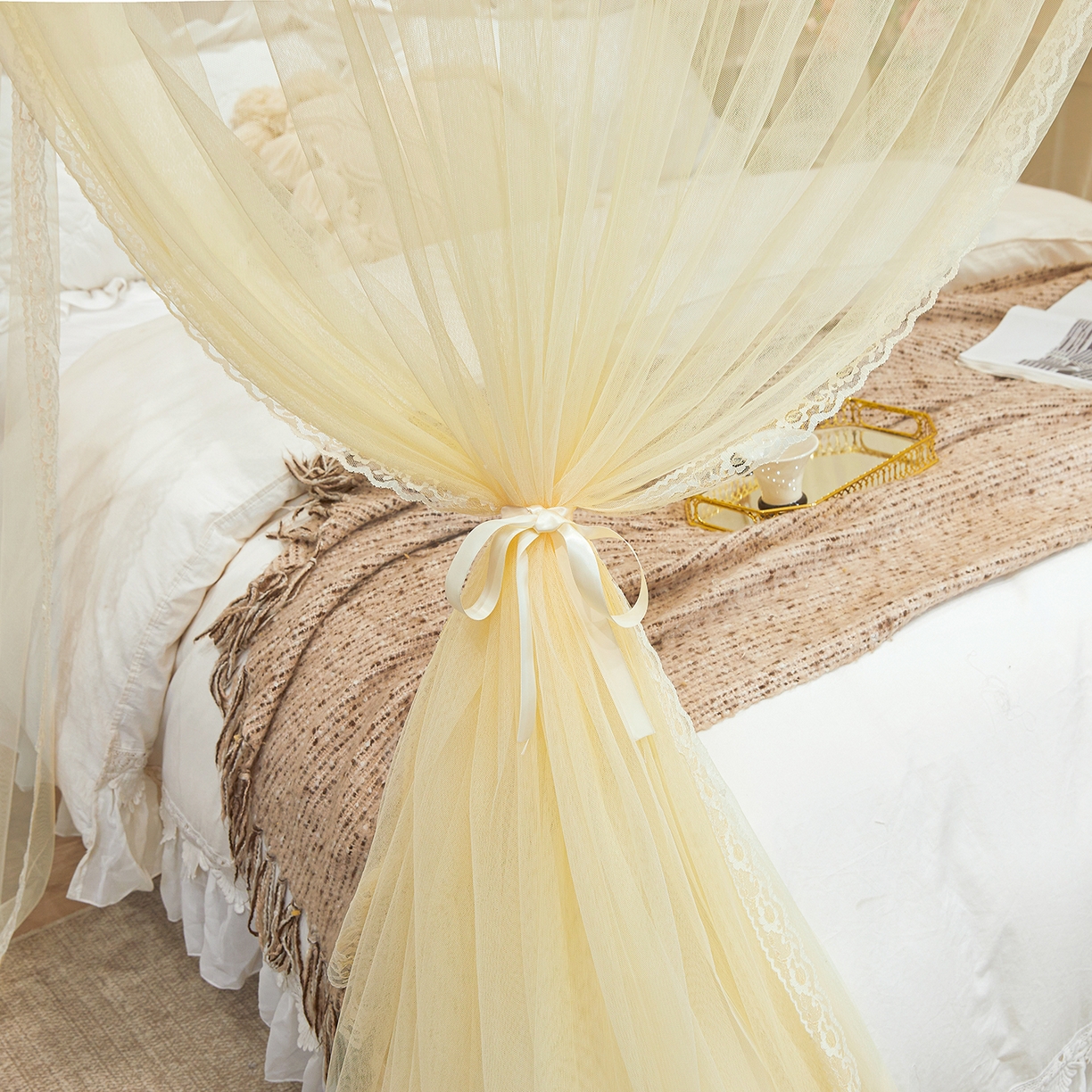 91家纺网 家纺一手货源 找家纺 梦尔佳蚊帐 2026新款浪漫双层花边蝴蝶结导轨蚊帐-花香其乐 花香其乐-奶黄