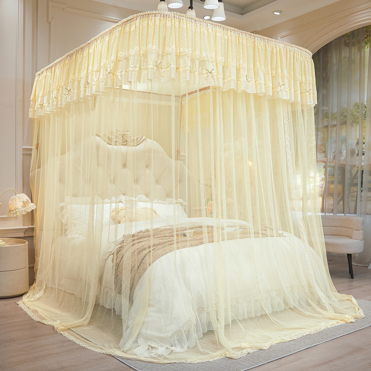 91家纺网 家纺一手货源 找家纺 梦尔佳蚊帐 2026新款浪漫双层花边蝴蝶结导轨蚊帐-花香其乐 花香其乐-奶黄