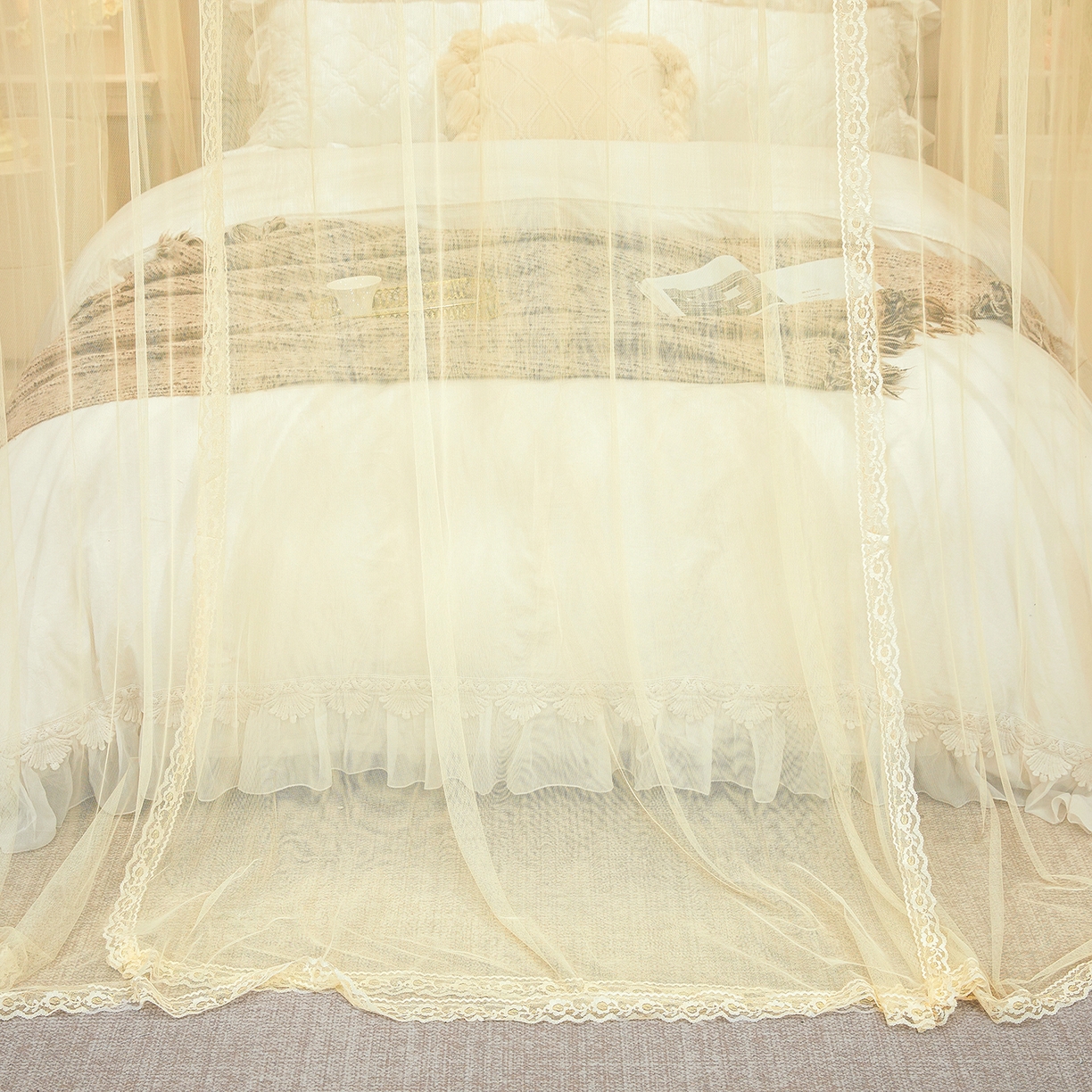 91家纺网 家纺一手货源 找家纺 梦尔佳蚊帐 2026新款浪漫双层花边蝴蝶结导轨蚊帐-花香其乐 花香其乐-奶黄