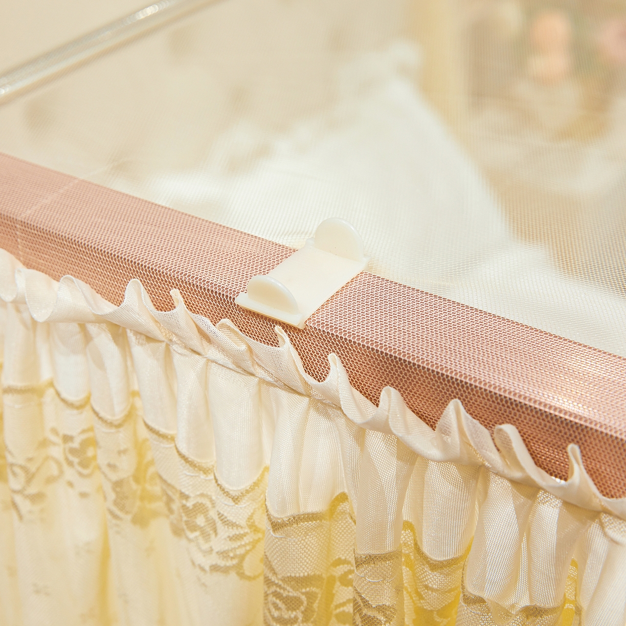 91家纺网 家纺一手货源 找家纺 梦尔佳蚊帐 2026新款浪漫双层花边蝴蝶结导轨蚊帐-花香其乐 花香其乐-奶黄