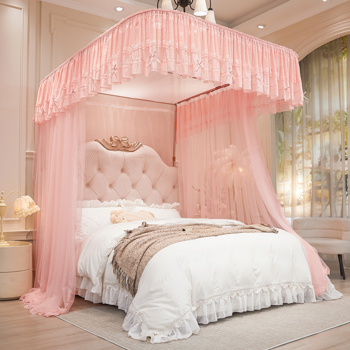 91家纺网 家纺一手货源 找家纺 梦尔佳蚊帐 2026新款浪漫双层花边蝴蝶结导轨蚊帐-花香其乐 花香其乐-藕玉