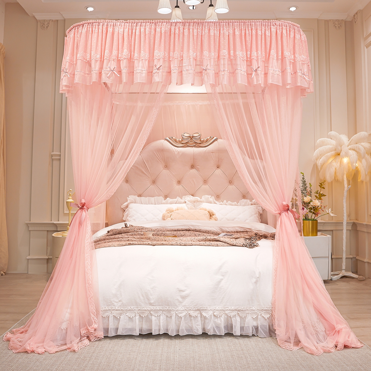 91家纺网 家纺一手货源 找家纺 梦尔佳蚊帐 2026新款浪漫双层花边蝴蝶结导轨蚊帐-花香其乐 花香其乐-藕玉