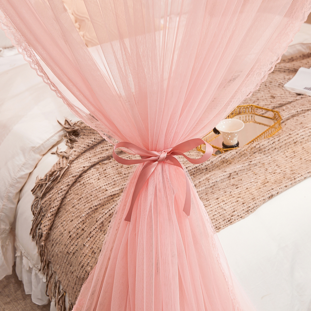 91家纺网 家纺一手货源 找家纺 梦尔佳蚊帐 2026新款浪漫双层花边蝴蝶结导轨蚊帐-花香其乐 花香其乐-藕玉