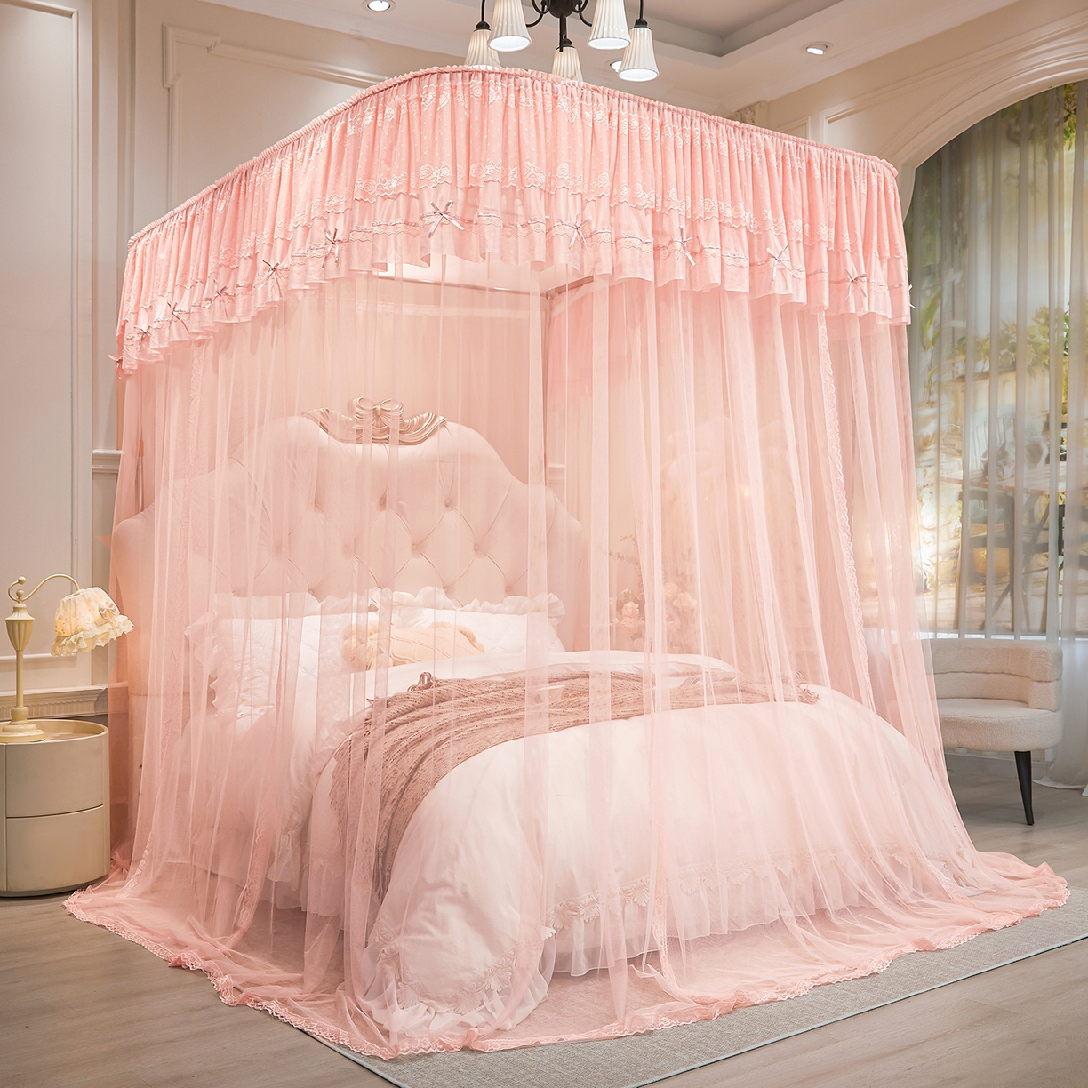 91家纺网 家纺一手货源 找家纺 梦尔佳蚊帐 2026新款浪漫双层花边蝴蝶结导轨蚊帐-花香其乐 花香其乐-藕玉