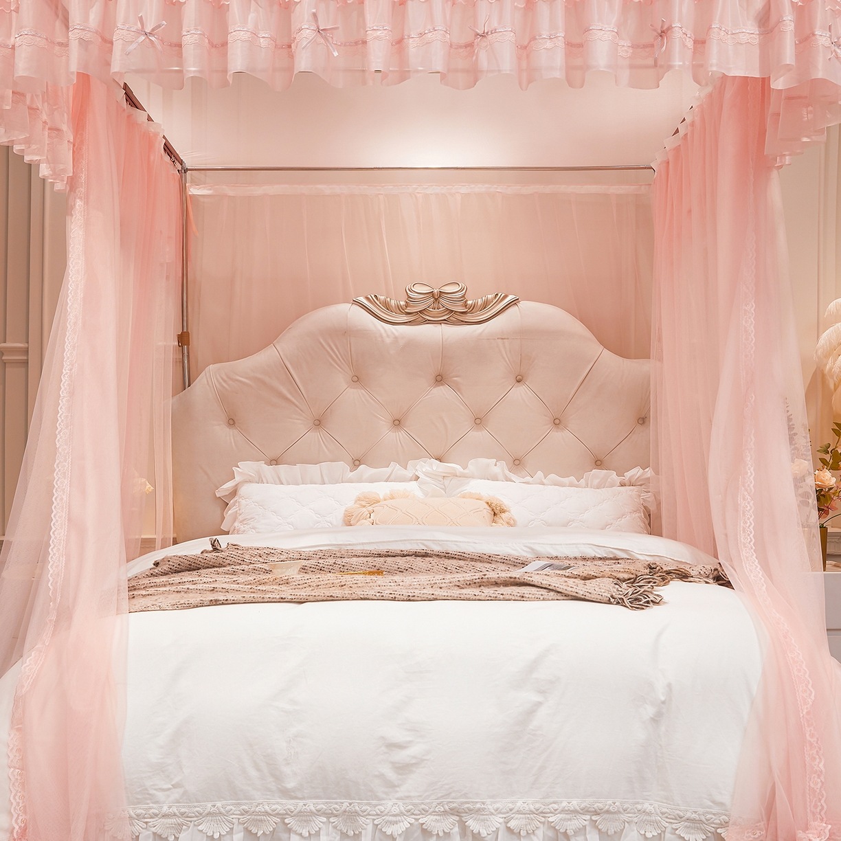 91家纺网 家纺一手货源 找家纺 梦尔佳蚊帐 2026新款浪漫双层花边蝴蝶结导轨蚊帐-花香其乐 花香其乐-藕玉