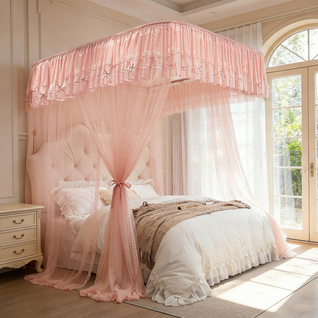 91家纺网 家纺一手货源 找家纺 梦尔佳蚊帐 2026新款浪漫双层花边蝴蝶结导轨蚊帐-花香其乐 花香其乐-藕玉