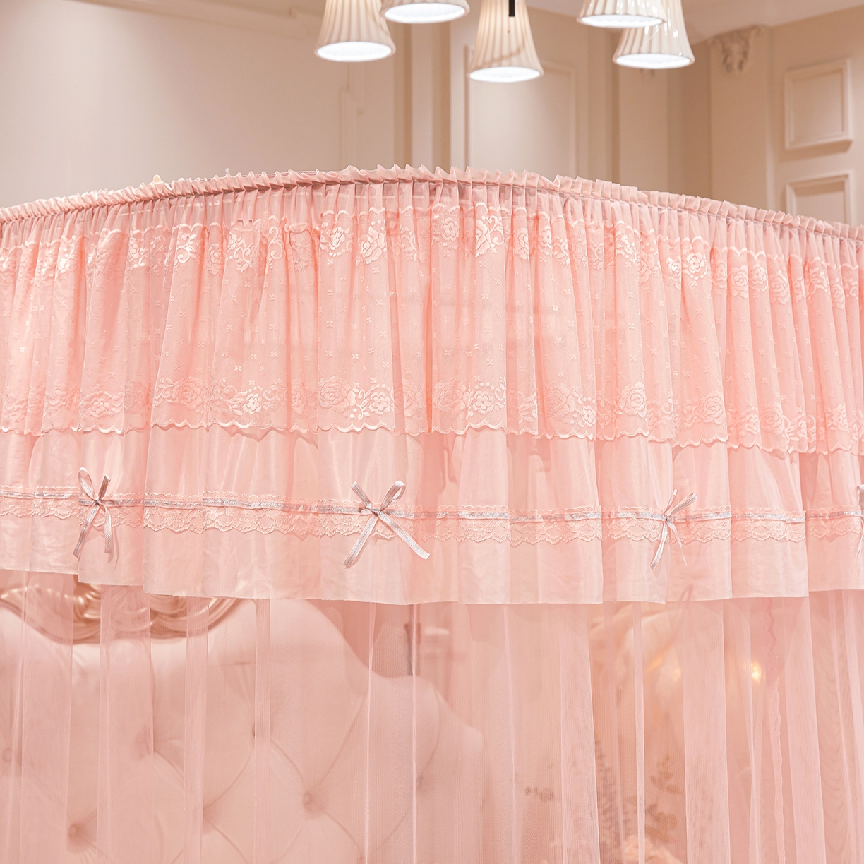 91家纺网 家纺一手货源 找家纺 梦尔佳蚊帐 2026新款浪漫双层花边蝴蝶结导轨蚊帐-花香其乐 花香其乐-藕玉