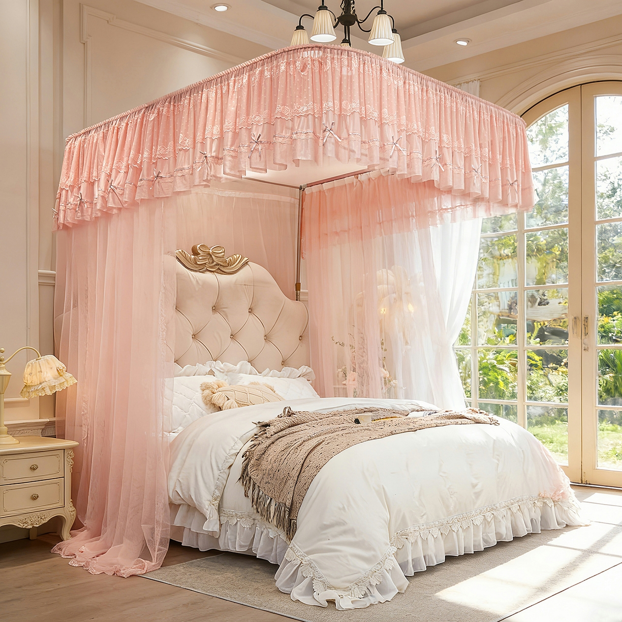 91家纺网 家纺一手货源 找家纺 梦尔佳蚊帐 2026新款浪漫双层花边蝴蝶结导轨蚊帐-花香其乐 花香其乐-藕玉