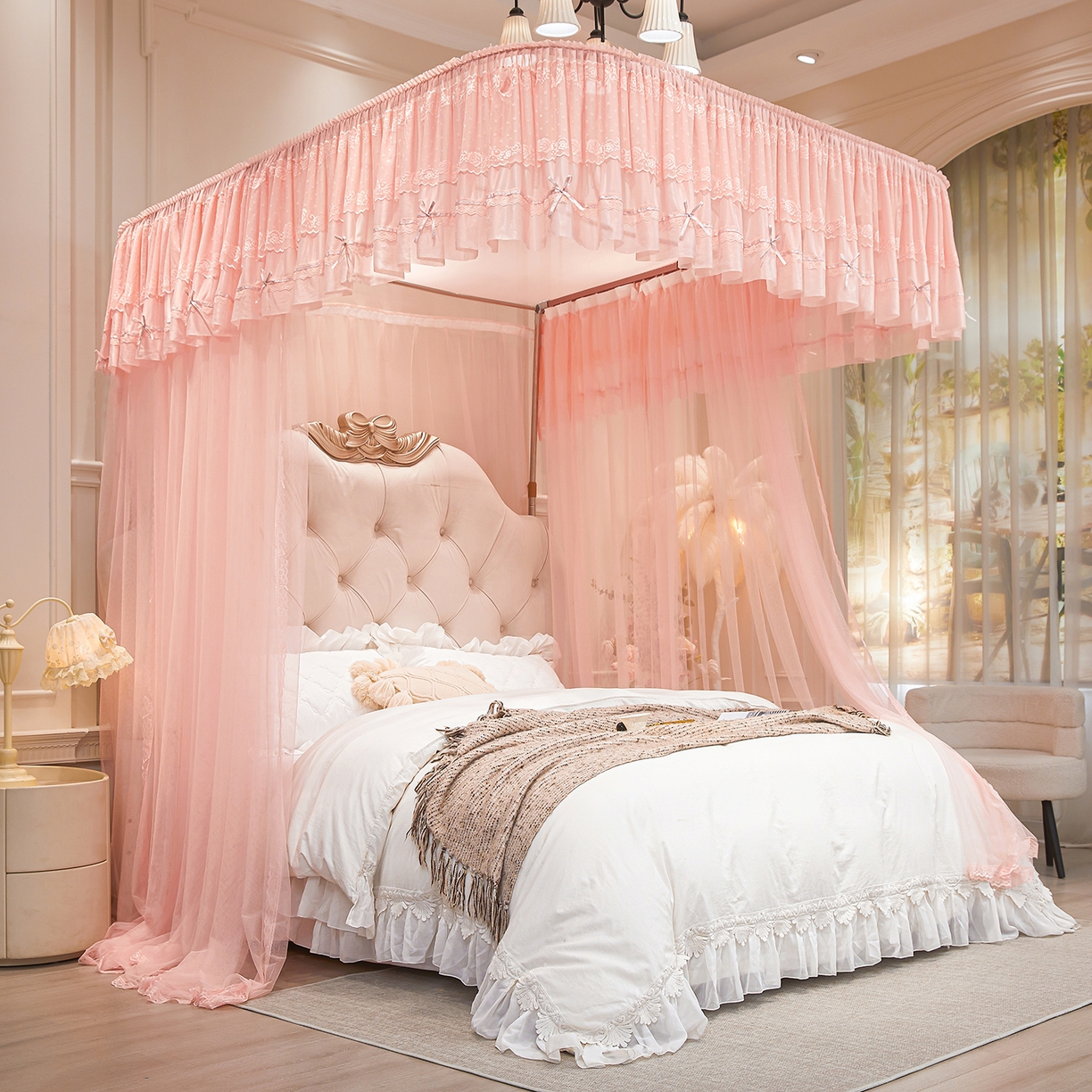 91家纺网 家纺一手货源 找家纺 梦尔佳蚊帐 2026新款浪漫双层花边蝴蝶结导轨蚊帐-花香其乐 花香其乐-藕玉