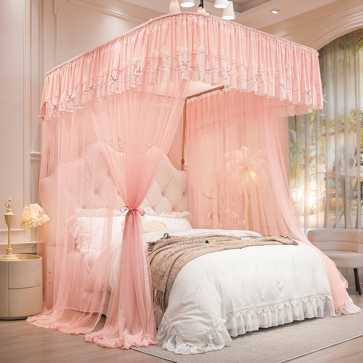 91家纺网 家纺一手货源 找家纺 梦尔佳蚊帐 2026新款浪漫双层花边蝴蝶结导轨蚊帐-花香其乐 花香其乐-藕玉