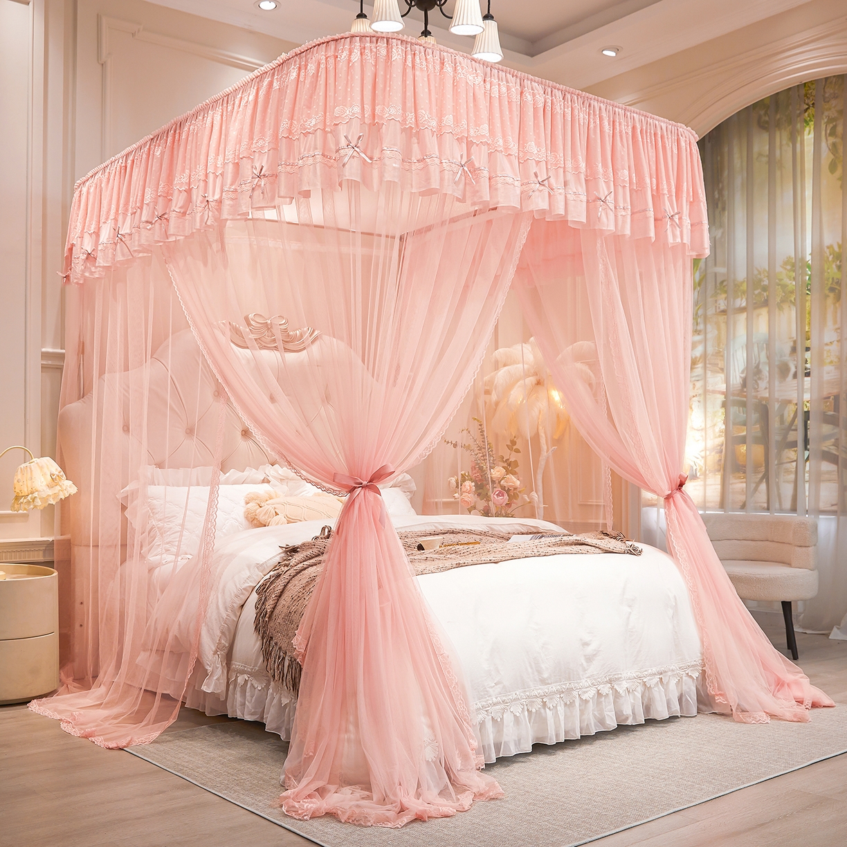 91家纺网 家纺一手货源 找家纺 梦尔佳蚊帐 2026新款浪漫双层花边蝴蝶结导轨蚊帐-花香其乐 花香其乐-藕玉