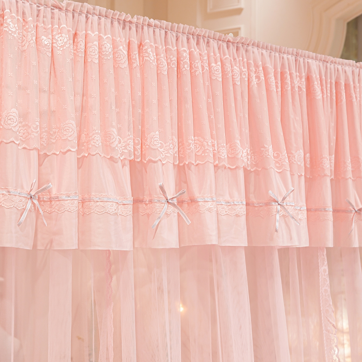 91家纺网 家纺一手货源 找家纺 梦尔佳蚊帐 2026新款浪漫双层花边蝴蝶结导轨蚊帐-花香其乐 花香其乐-藕玉