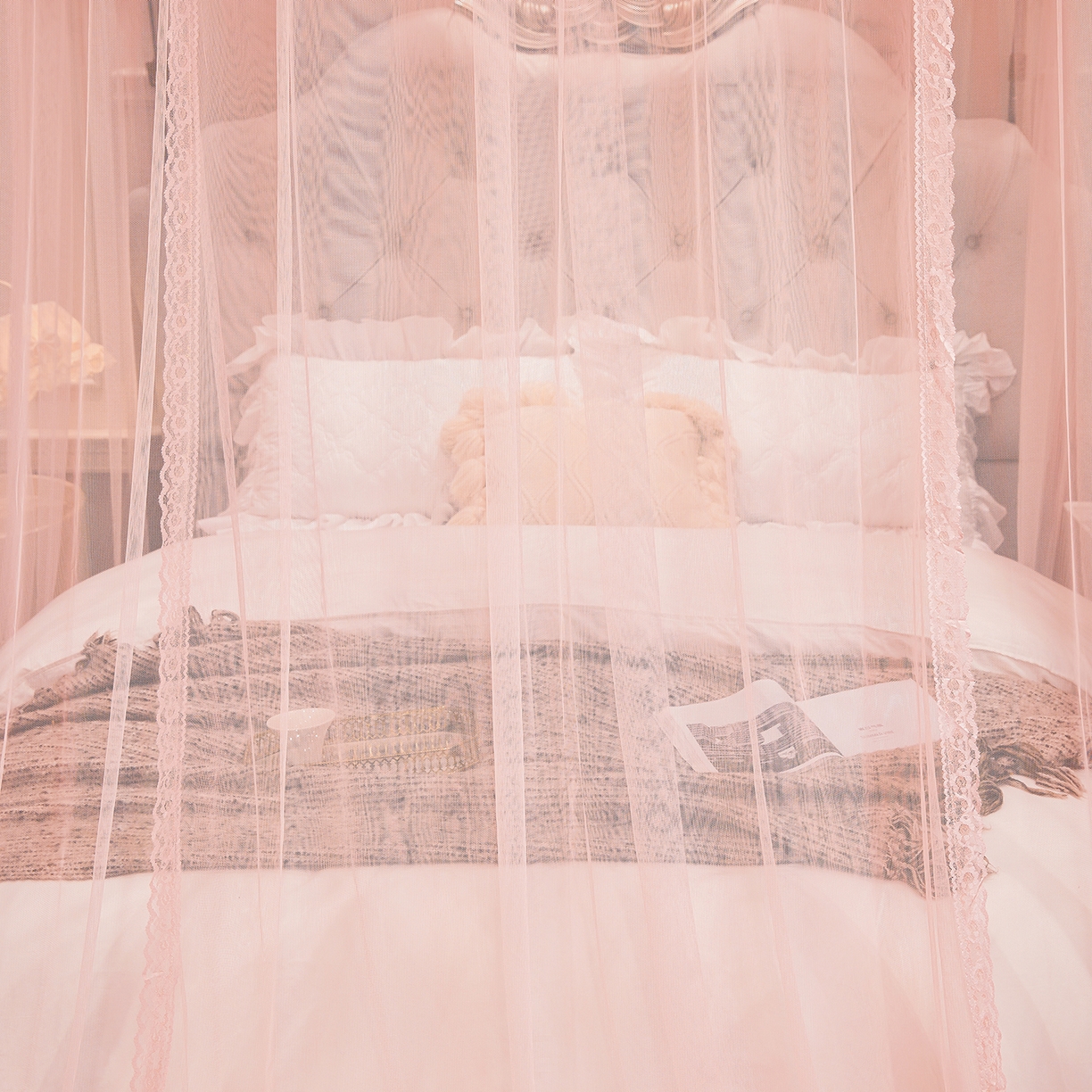 91家纺网 家纺一手货源 找家纺 梦尔佳蚊帐 2026新款浪漫双层花边蝴蝶结导轨蚊帐-花香其乐 花香其乐-藕玉