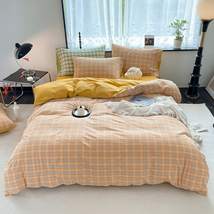 91家纺网 家纺一手货源 找家纺 春皖家纺 2026新款色织AB版水洗棉三件套四件套单品系列（四件套风格一） 素雅-黄条