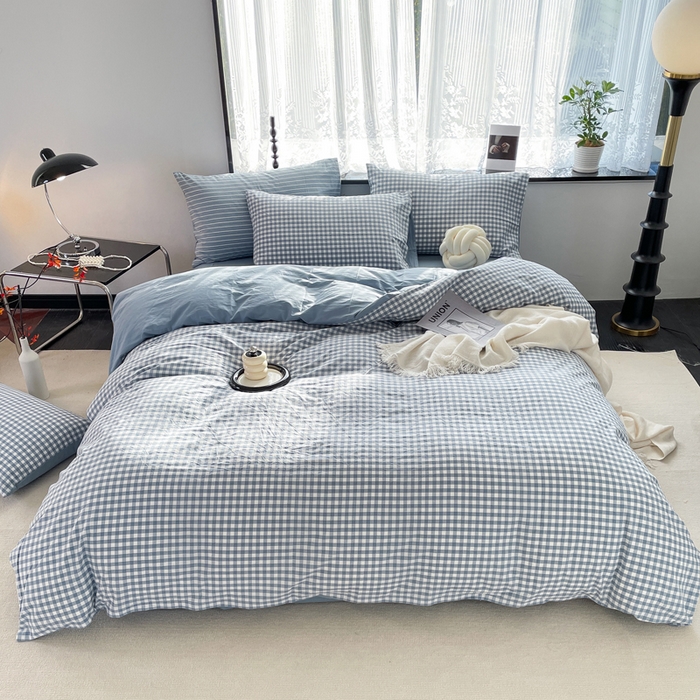 91家纺网 家纺一手货源 找家纺 春皖家纺 2026新款色织AB版水洗棉三件套四件套单品系列（四件套风格一） 素雅-蓝小格