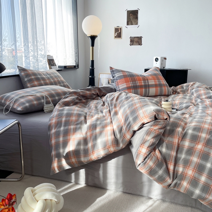 91家纺网 家纺一手货源 找家纺 春皖家纺 2026新款色织AB版水洗棉三件套四件套单品系列（四件套风格一） 栗木-咖格