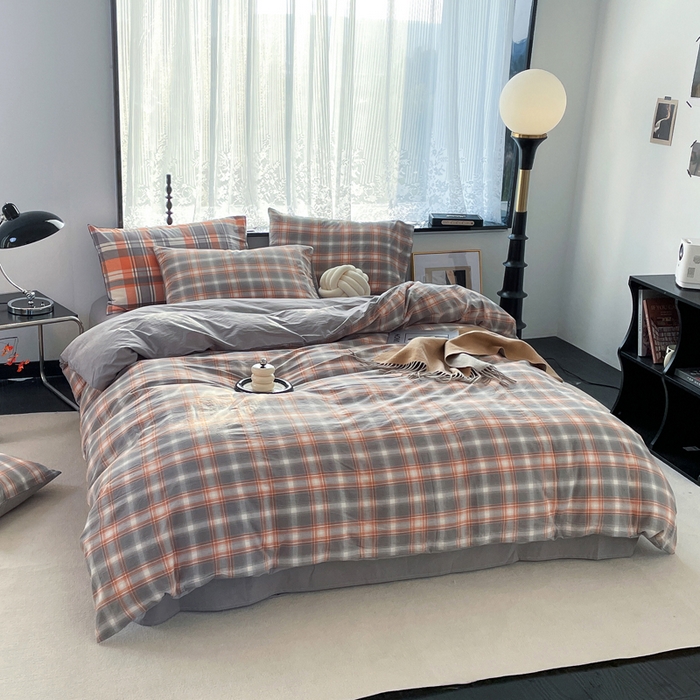 91家纺网 家纺一手货源 找家纺 春皖家纺 2026新款色织AB版水洗棉三件套四件套单品系列（四件套风格一） 栗木-咖格