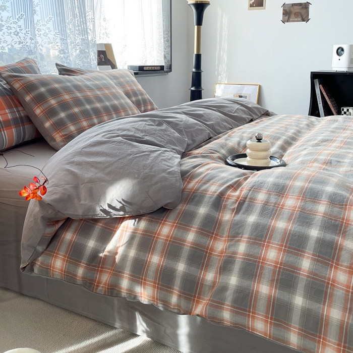 91家纺网 家纺一手货源 找家纺 春皖家纺 2026新款色织AB版水洗棉三件套四件套单品系列（四件套风格一） 栗木-咖格