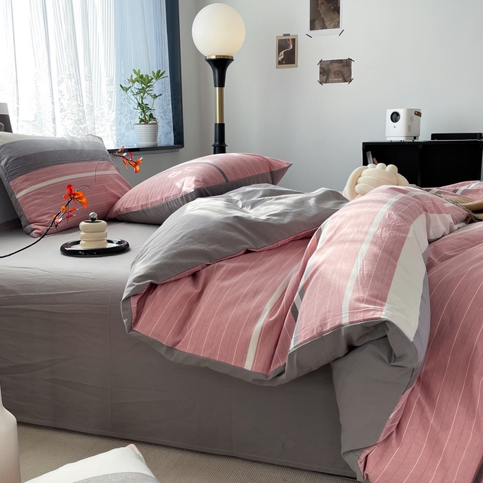 91家纺网 家纺一手货源 找家纺 春皖家纺 2026新款色织AB版水洗棉三件套四件套单品系列（四件套风格一） 素雅-蔻粉