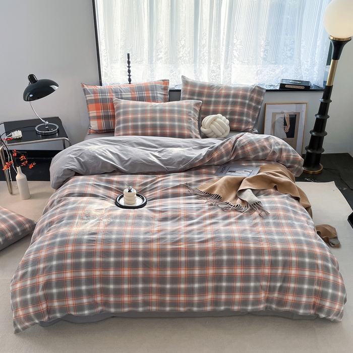 春皖家纺 2026新款色织AB版水洗棉三件套四件套单品系列（四件套风格一） 栗木-咖格