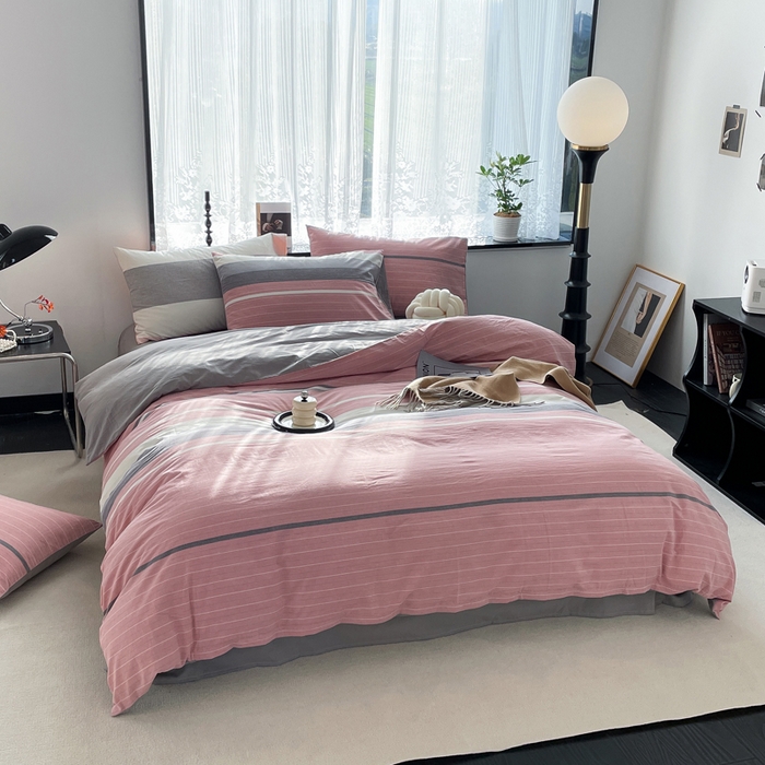 91家纺网 家纺一手货源 找家纺 春皖家纺 2026新款色织AB版水洗棉三件套四件套单品系列（四件套风格一） 素雅-蔻粉