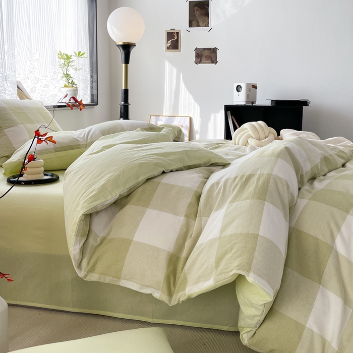 91家纺网 家纺一手货源 找家纺 春皖家纺 2026新款色织AB版水洗棉三件套四件套单品系列（四件套风格一） 素雅-芳绿