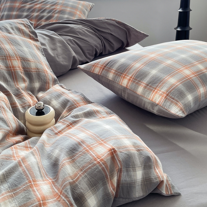 91家纺网 家纺一手货源 找家纺 春皖家纺 2026新款色织AB版水洗棉三件套四件套单品系列（四件套风格一） 栗木-咖格