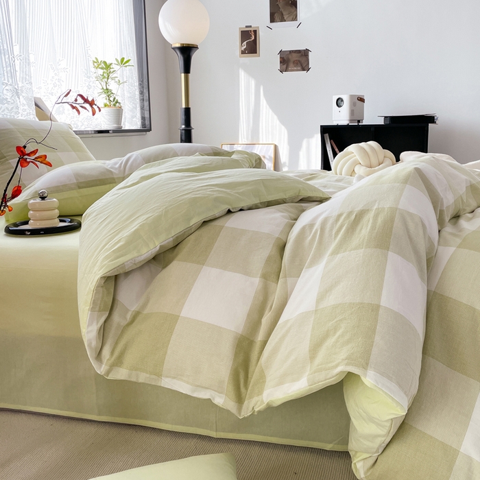 91家纺网 家纺一手货源 找家纺 春皖家纺 2026新款色织AB版水洗棉三件套四件套单品系列（四件套风格一） 素雅-芳绿