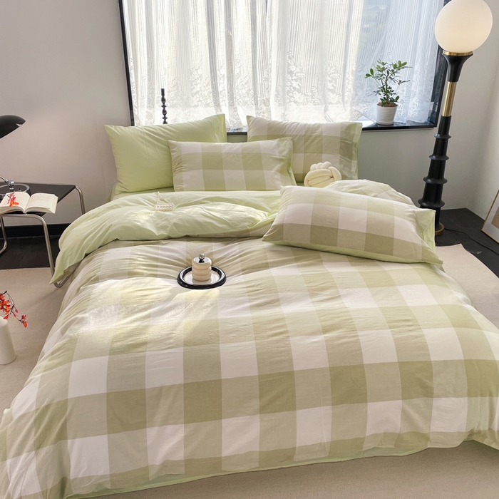 91家纺网 家纺一手货源 找家纺 春皖家纺 2026新款色织AB版水洗棉三件套四件套单品系列（四件套风格一） 素雅-芳绿