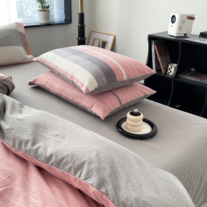 91家纺网 家纺一手货源 找家纺 春皖家纺 2026新款色织AB版水洗棉三件套四件套单品系列（四件套风格一） 素雅-蔻粉