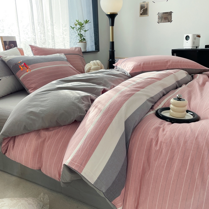 91家纺网 家纺一手货源 找家纺 春皖家纺 2026新款色织AB版水洗棉三件套四件套单品系列（四件套风格一） 素雅-蔻粉