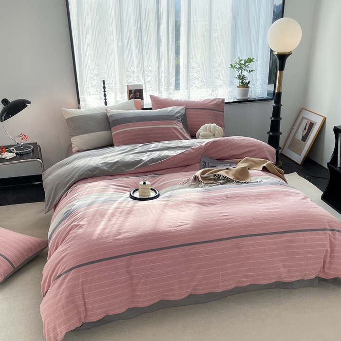 91家纺网 家纺一手货源 找家纺 春皖家纺 2026新款色织AB版水洗棉三件套四件套单品系列（四件套风格一） 素雅-蔻粉