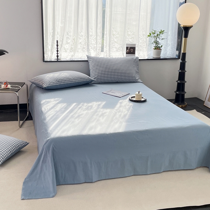 91家纺网 家纺一手货源 找家纺 春皖家纺 2026新款色织AB版水洗棉三件套四件套单品系列（四件套风格一） 素雅-蓝小格