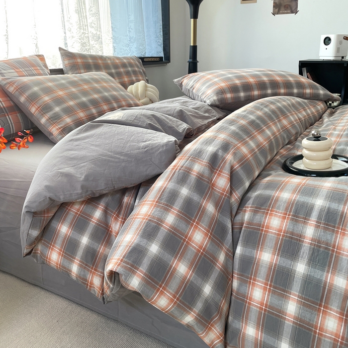 91家纺网 家纺一手货源 找家纺 春皖家纺 2026新款色织AB版水洗棉三件套四件套单品系列（四件套风格一） 栗木-咖格