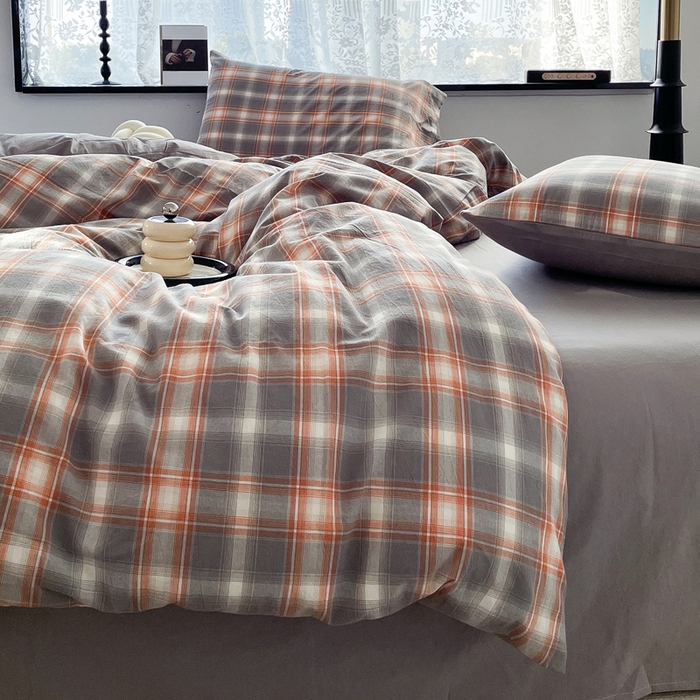 91家纺网 家纺一手货源 找家纺 春皖家纺 2026新款色织AB版水洗棉三件套四件套单品系列（四件套风格一） 栗木-咖格