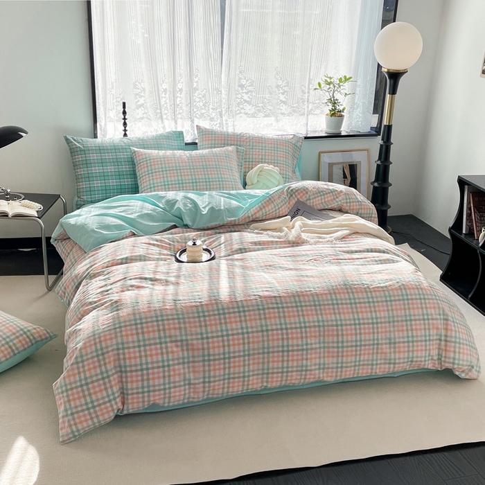 91家纺网 家纺一手货源 找家纺 春皖家纺 2026新款色织AB版水洗棉三件套四件套单品系列（四件套风格一） 翠竹-绿格